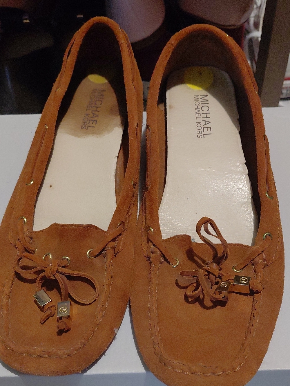 Michael Kors Tan Suede Moccasin Loafers with Bow and Gold Accents